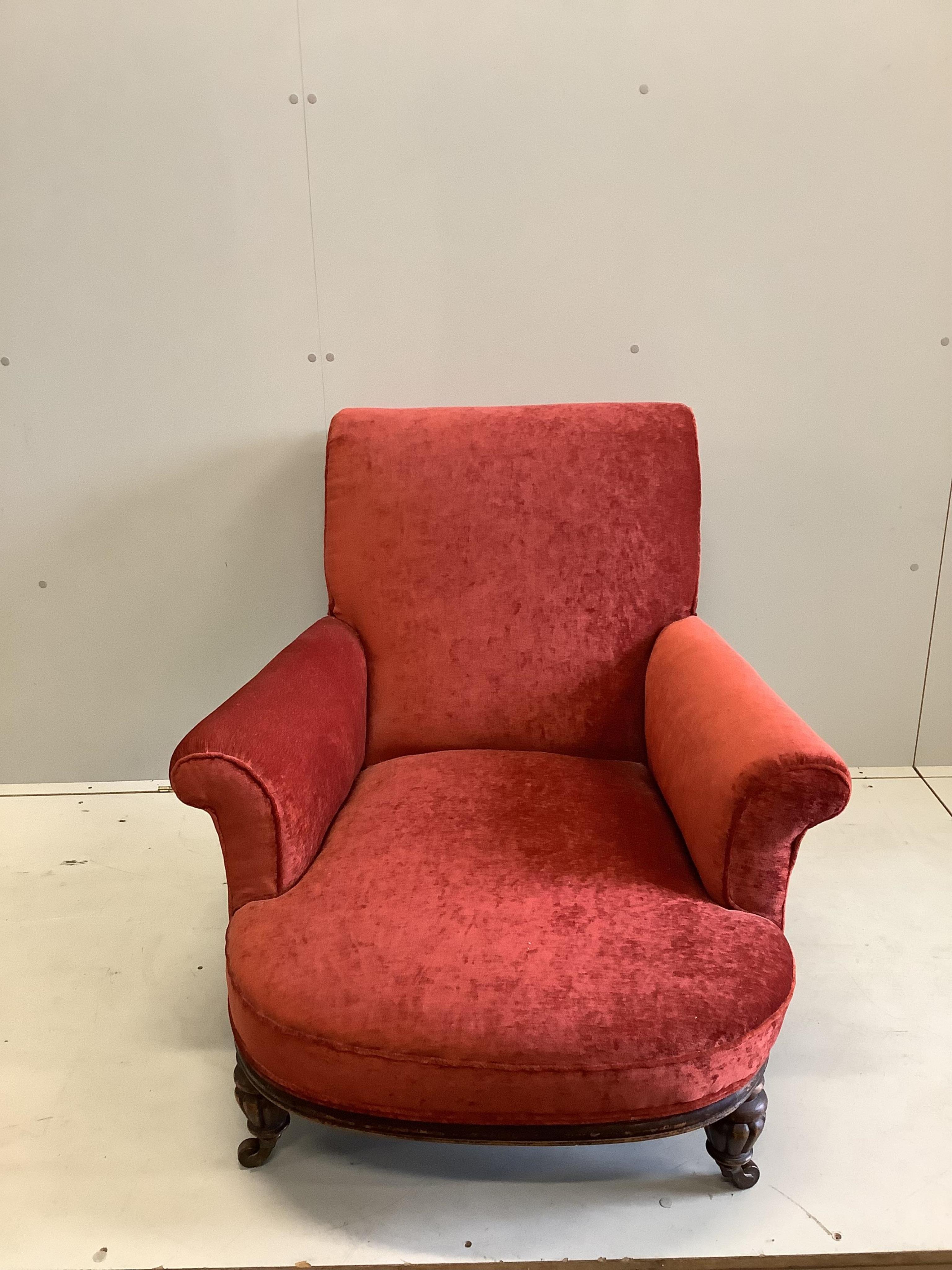 A Victorian James Shoolbred upholstered armchair, width 86cm, depth 94cm, height 82cm. Condition - good